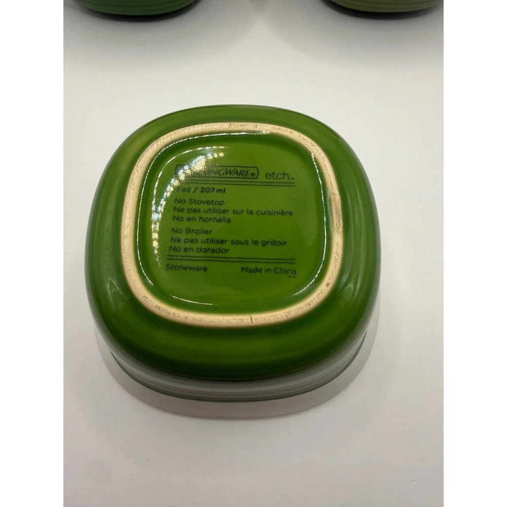 CorningWare Etch 7oz Stoneware Ramekin Set 3 Green White Ribbed Square Bowls